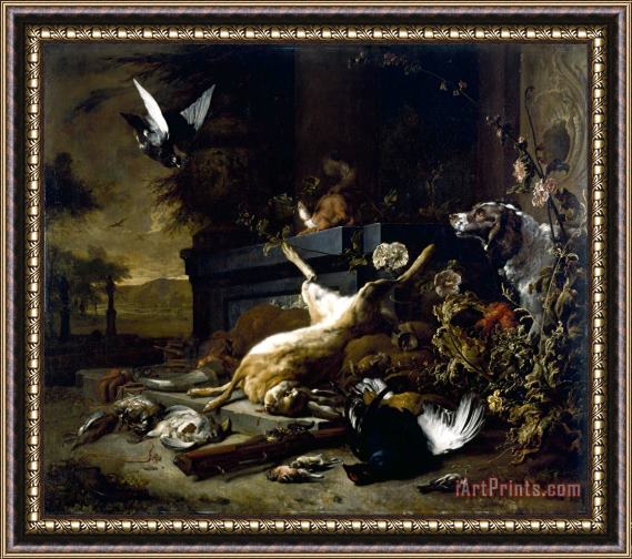 Jan Weenix Still Life of Game Including a Hare, Black Grouse And Partridge, a Spaniel Looking on with a Pigeon Framed Painting