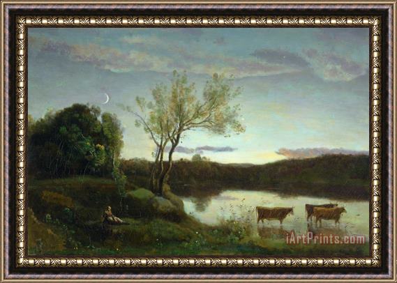 Jean Baptiste Camille Corot A Pond with three Cows and a Crescent Moon Framed Print