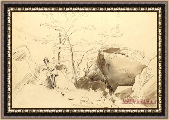 Jean Baptiste Camille Corot Fontainebleau, Figure Leaning Against a Rock Framed Print