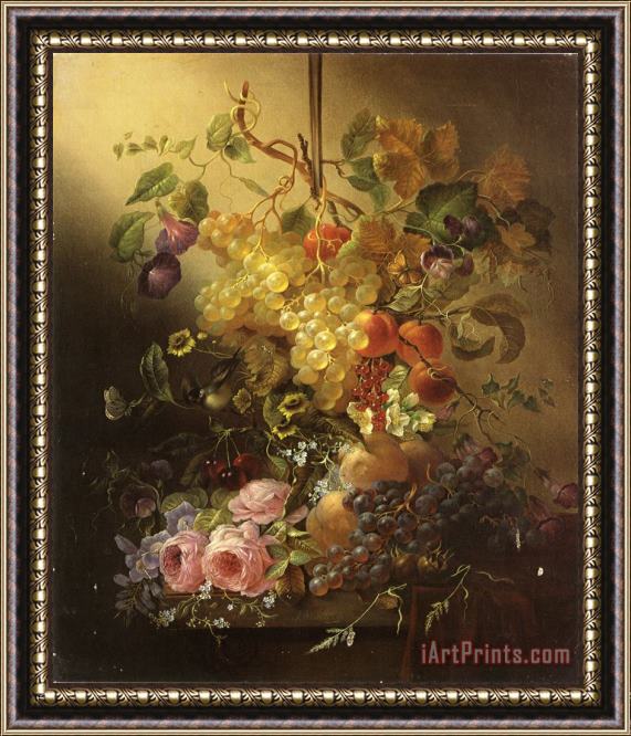 Jean Baptiste Robie Flowers, Fruit, a Bird, And Butterflies on a Table Framed Painting
