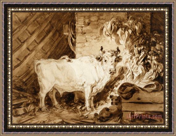 Jean Honore Fragonard White Bull And a Dog in a Stable Framed Painting