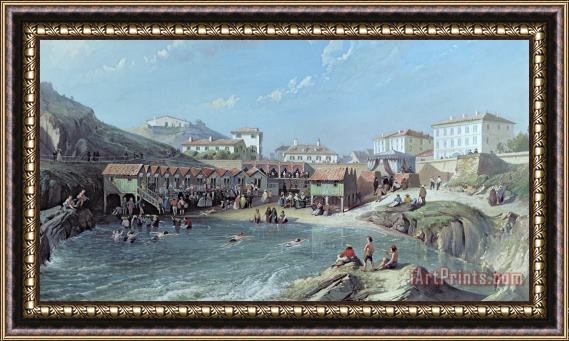 Jean Jacques Alban de Lesgallery The Beginning Of Sea Swimming In The Old Port Of Biarritz Framed Print