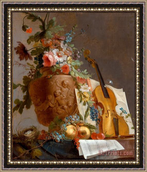 Jean-Jacques Bachelier Still Life with Flowers And a Violin Framed Print