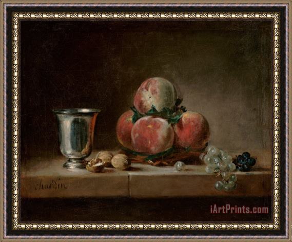 Jean-Simeon Chardin Still Life with Peaches, a Silver Goblet, Grapes, And Walnuts Framed Painting