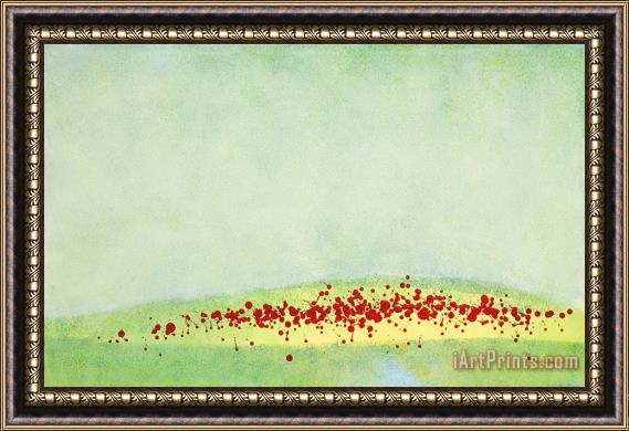 Jerome Lawrence Green Field Red Flowers Framed Painting