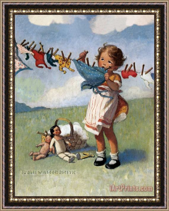 Jessie Willcox Smith Hanging Doll Clothes on a Windy Day Framed Painting