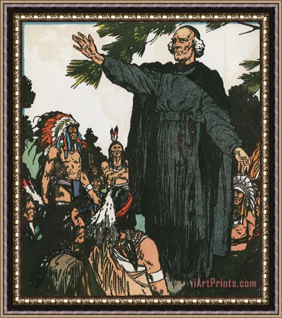 J.L. Kraemer French Jesuit Missionary And Explorer Jacques Marquette Speaks to Native Americans. Framed Painting