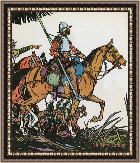J.L. Kraemer Spanish Conquistador Francisco Pizarro Riding a Horse Carrying a Flag Framed Print