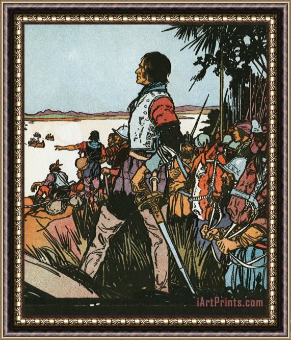 J.L. Kraemer Spanish Explorer And Conquistador Hernando De Soto Standing on Shore Framed Painting