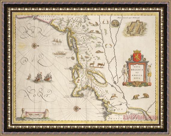Joan Blaeu Antique Map of New Belgium and New England Framed Print