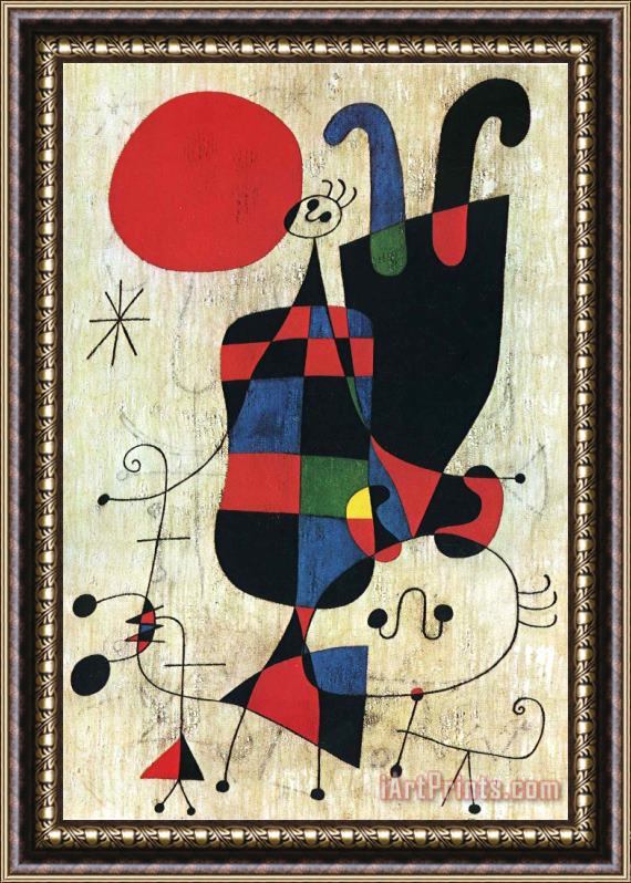 Joan Miro Figures And Dog in Front of The Sun Framed Painting