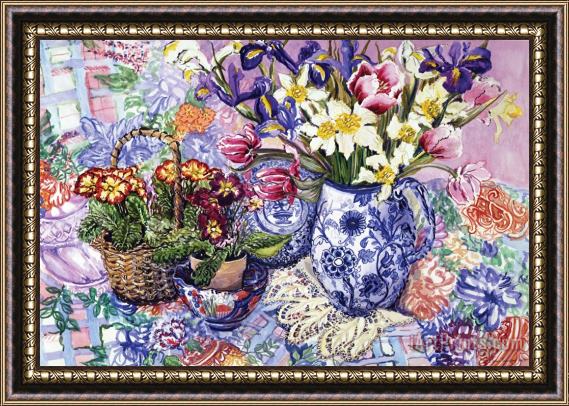 Joan Thewsey Daffodils Tulips And Iris In A Jacobean Blue And White Jug With Sanderson Fabric And Primroses Framed Painting