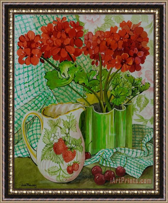 Joan Thewsey Red Geranium With The Strawberry Jug And Cherries Framed Print