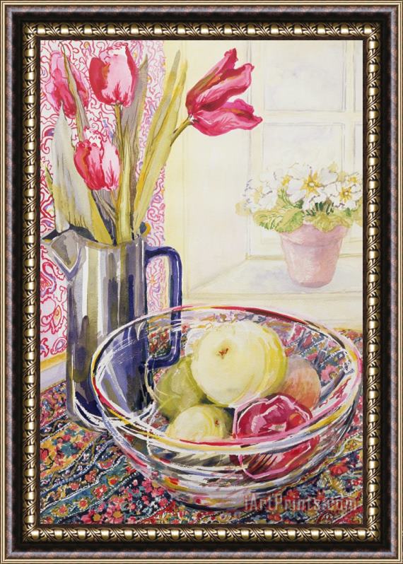Joan Thewsey Tulips With Fruit In A Glass Bowl Framed Painting