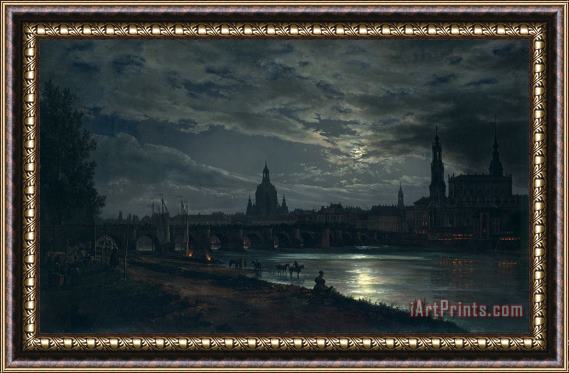 Johan Christian Dahl View of Dresden by Moonlight Framed Painting