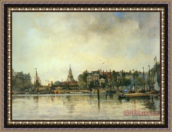 Johan Hendrik Van Mastenbroek A Townview with Moored Vessels Along a Quay Framed Print