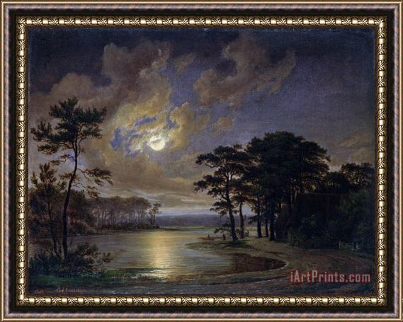 Johann Georg Haeselich Holstein Sea Moonlight Framed Painting
