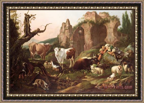 Johann Heinrich Roos Farm animals in a landscape Framed Print