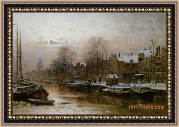 Johannes Christiaan Karel Klinkenberg Snow Covered Barges on The Singel Amsterdam Framed Painting