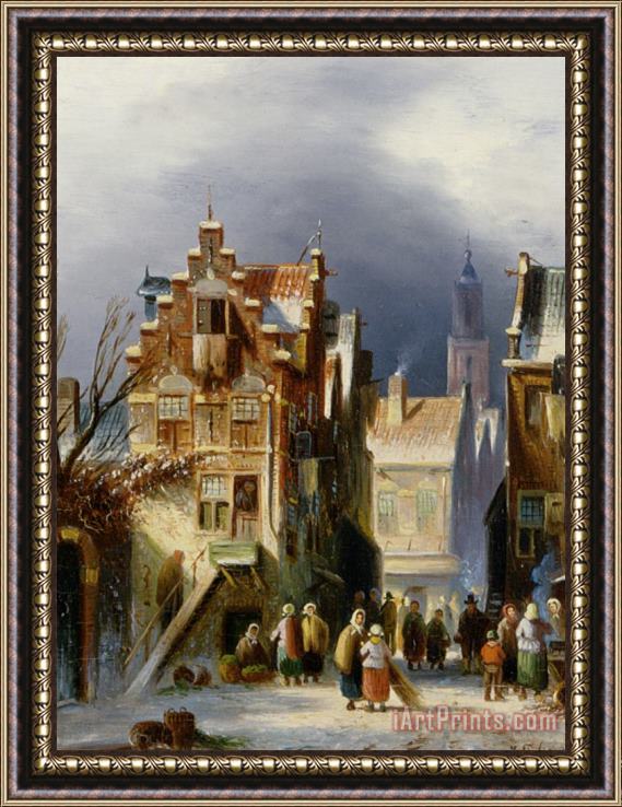 Johannes Franciscus Spohler Figures in a Wintry Dutch Town Framed Painting
