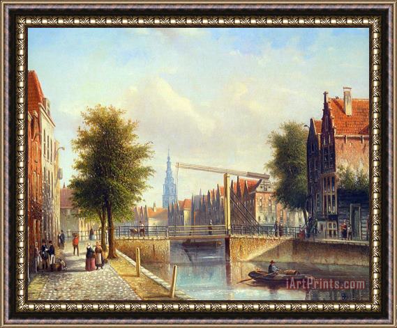 Johannes Franciscus Spohler View of a Town with Figures Strolling on a Quay Framed Print