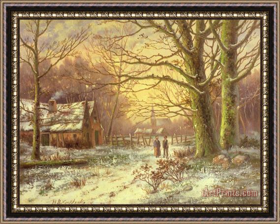 Johannes Hermann Barend Koekkoek Figures on a path before a village in winter Framed Painting