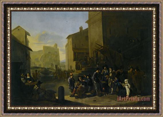 Johannes Lingelbach A Roman Market Scene with Peasants Gathered Around a Stove Framed Painting
