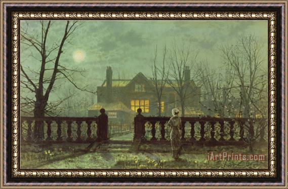 John Atkinson Grimshaw Garden in The Evening with View of an Illuminated House Framed Painting