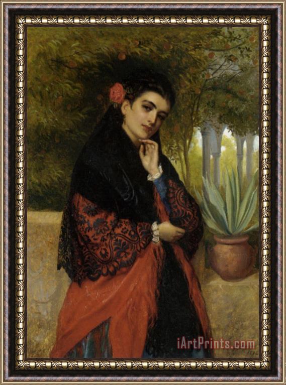 John-Bagnold Burgess Spanish Beauty in a Lace Shawl Framed Painting