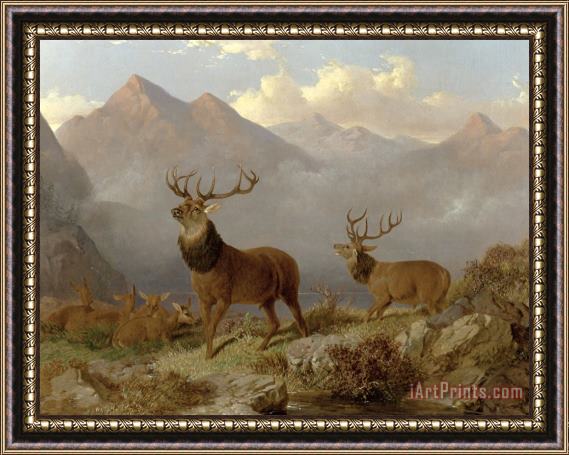 John Frederick Herring Jnr Stags And Hinds In A Highland Landscape Framed Painting