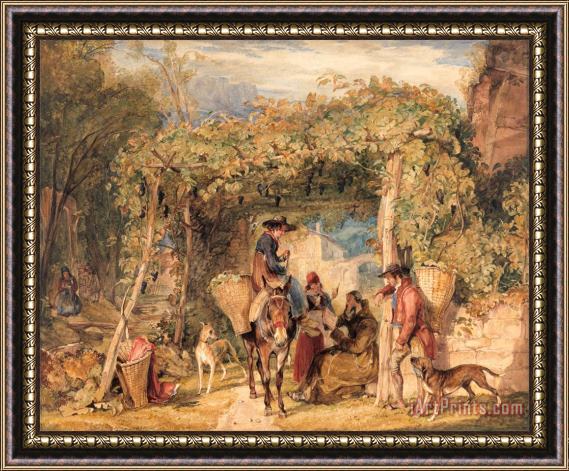 John Frederick Lewis Figures And Animals in a Vineyard Framed Painting