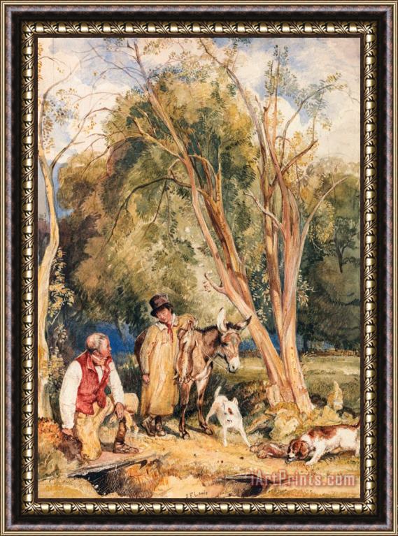 John Frederick Lewis Game Keeper And Boy Ferreting a Rabbit Framed Painting