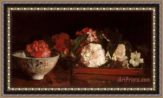 John LaFarge Flowers on a Japanese Tray on a Mahogany Table Framed Painting