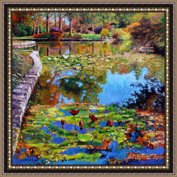 John Lautermilch Fall Leaves on Lily Pond Framed Painting