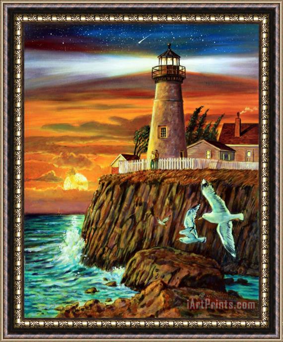 John Lautermilch Lighthouse Sunset Framed Painting