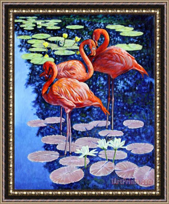 John Lautermilch Three Flamingos in Lily Pond Framed Painting