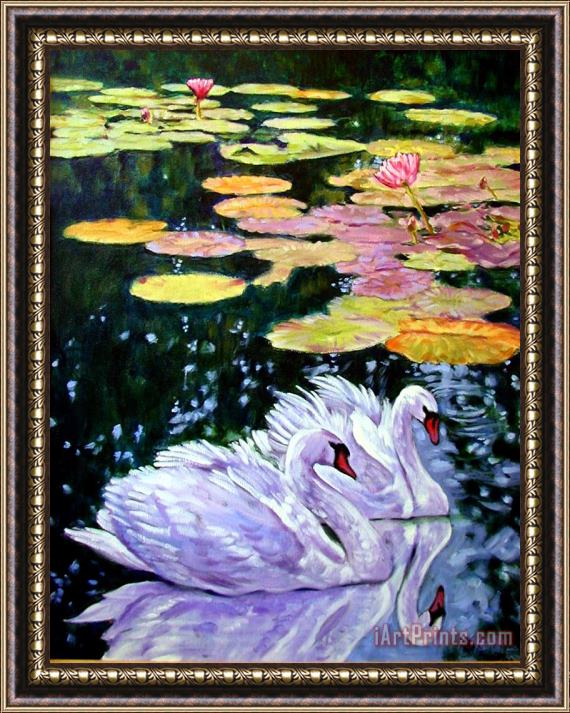 John Lautermilch Two Swans in the Lilies Framed Painting