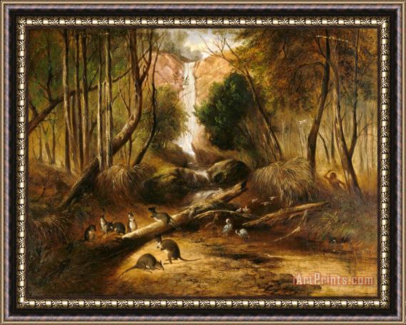 John Skinner Prout Bush Landscape with Waterfall And an Aborigine Stalking Native Animals, New South Wales Framed Print