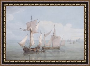 Fishing Boats in a Calm Sea Framed Prints - A Hoy And A Lugger With Other Shipping On A Calm Sea by John Thomas Serres