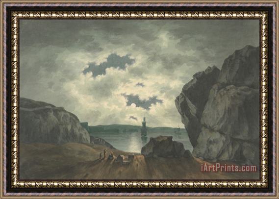 John Warwick Smith Bay Scene in Moonlight Framed Painting