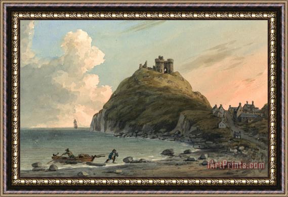 John Warwick Smith Ruins of Cricceith Castle And Part of The Town on The Bay on Cardigan. East View, Carnarvonshire. Framed Painting