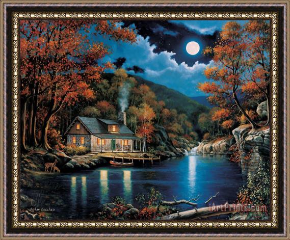 John Zaccheo Cabin By The Lake Framed Painting