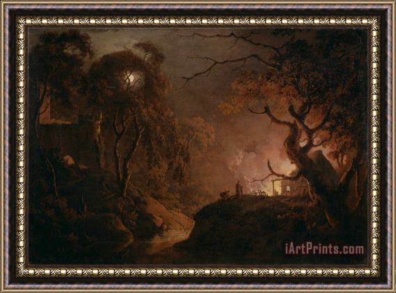 Joseph Wright  Cottage on Fire at Night Framed Print