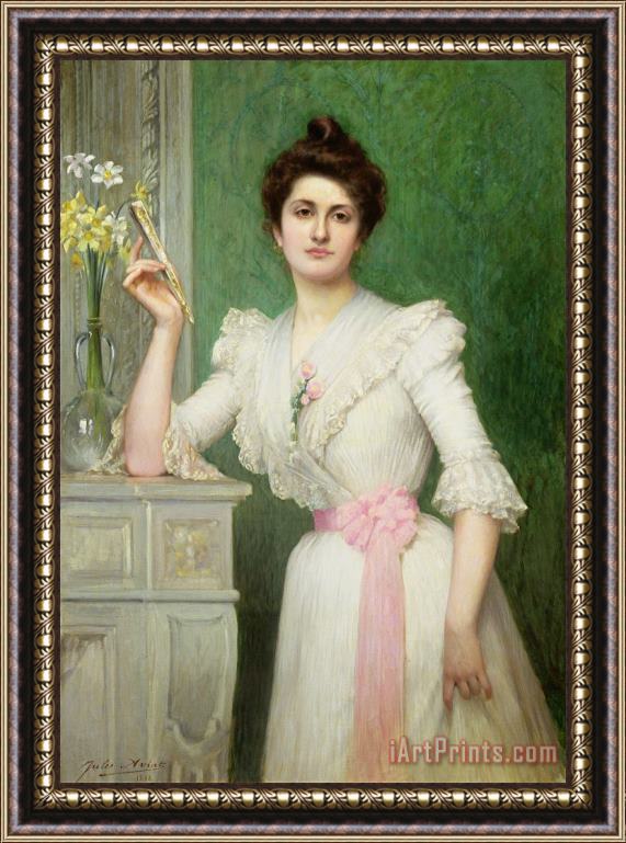 Jules-Charles Aviat Portrait of a lady holding a fan Framed Painting