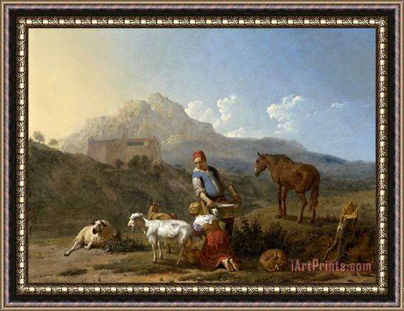 Karel Dujardin Italian Landscape with Girl Milking a Goat Framed Print