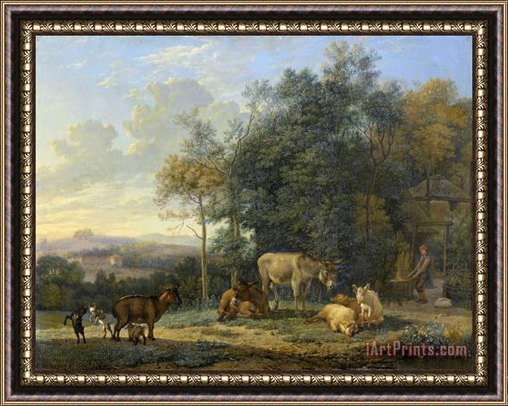 Karel Dujardin Landscape with Two Donkeys, Goats And Pigs Framed Print