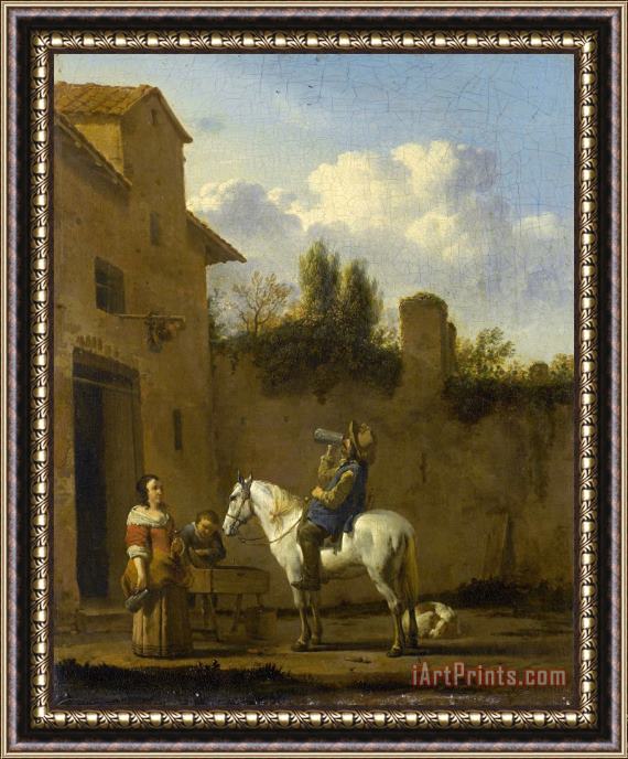 Karel Dujardin Mounted Trumpeter Taking a Drink Framed Painting