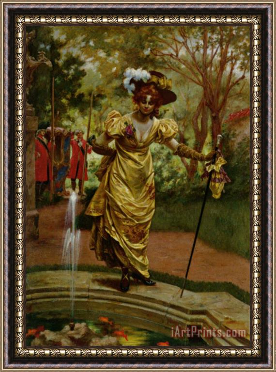 Karl Gampenrieder An Elegant Lady by a Goldfish Pond Framed Painting