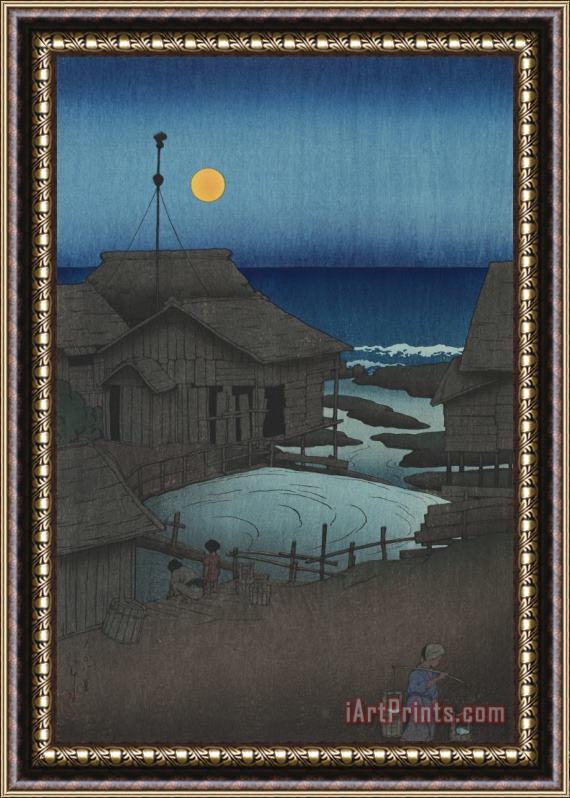 Kawase Hasui Full Moon at Mutsu (mutsu, Mishima Gawa), From The Series Souvenirs of Travels, First Series (tabi Miyage, Dai Isshu) Framed Painting