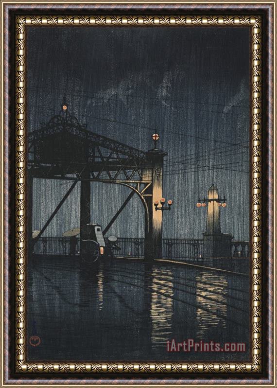 Kawase Hasui Night Rain on Shin O Hashi Framed Painting